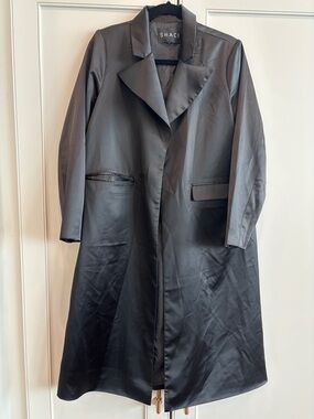 SACHI Black Satin Long Trench Coat